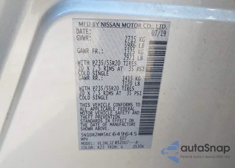 2019 Nissan Pathfinder Platinum из США, поврежденный, VIN 5N1DR2MM5KC649645